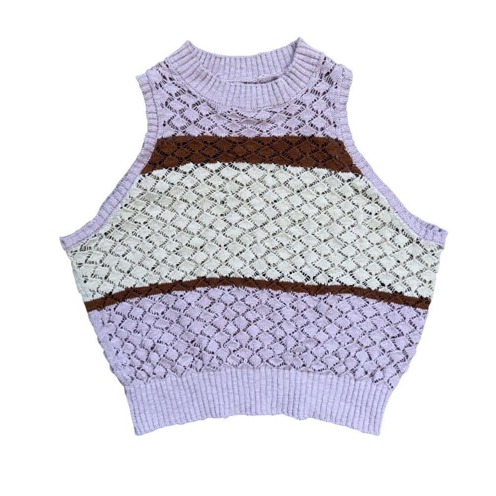 Lavender Cream Brown Pointelle Knit Sweater Vest Sleeveless Striped Top Boho L